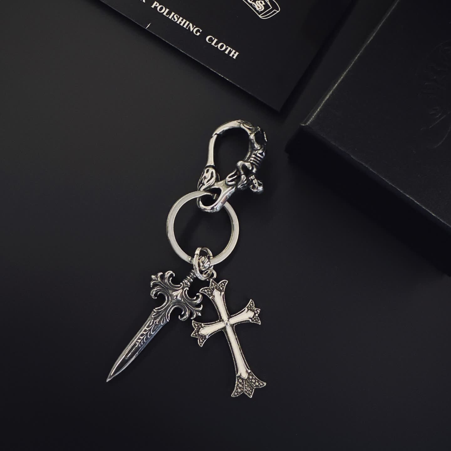Chrome Hearts Silver Keychain with Sword and Cross Charms
